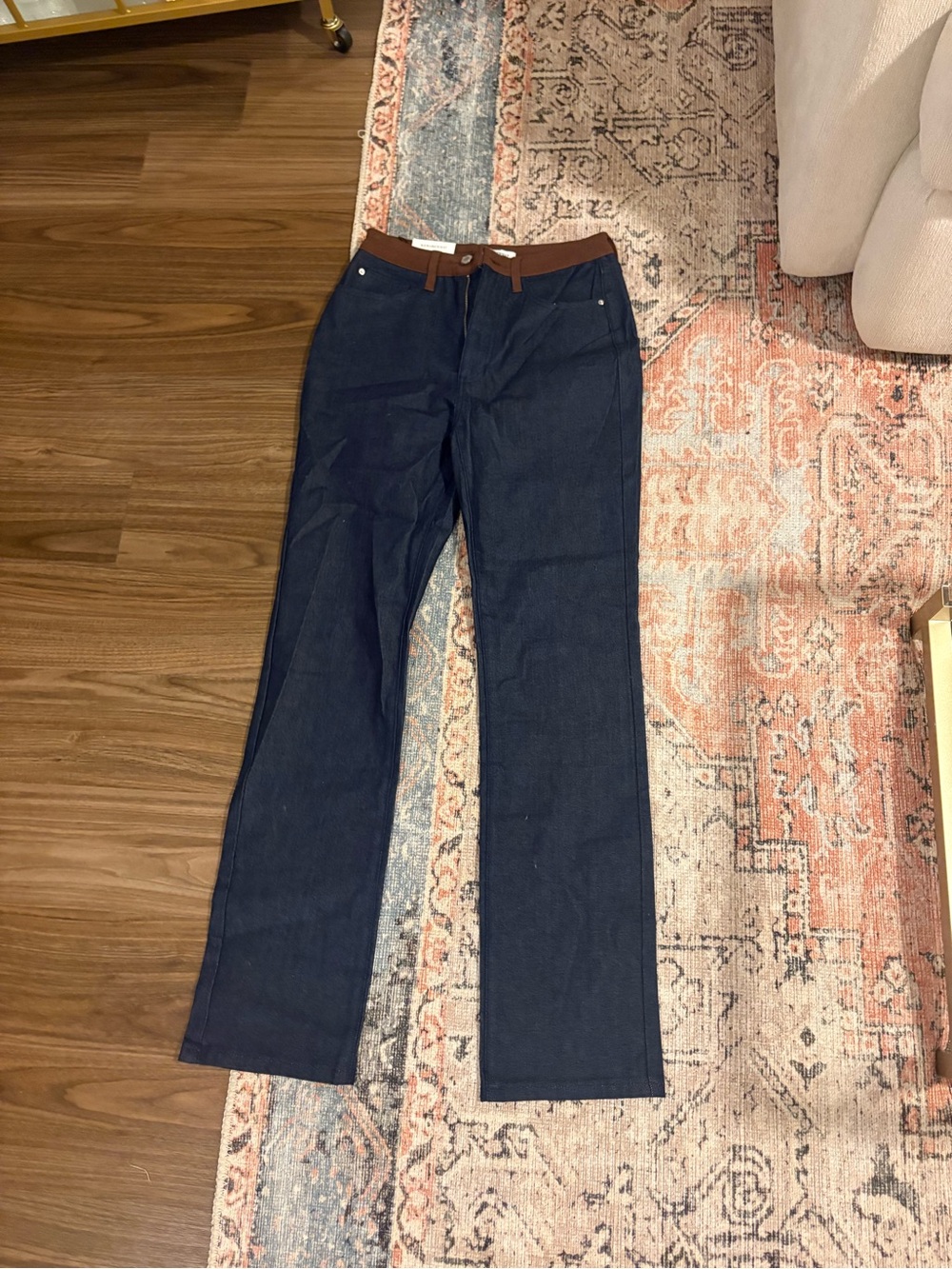 WeWoreWhat Navy Wide-Leg Jeans with Brown Waistband